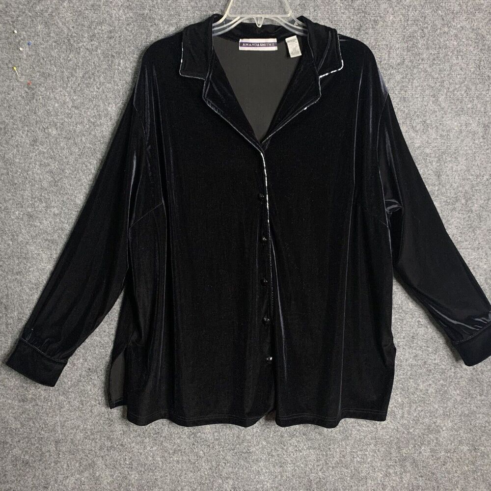 Amanda Smith II Button Front Shirt Shacket Black Velvet Women 2X Beaded Edging